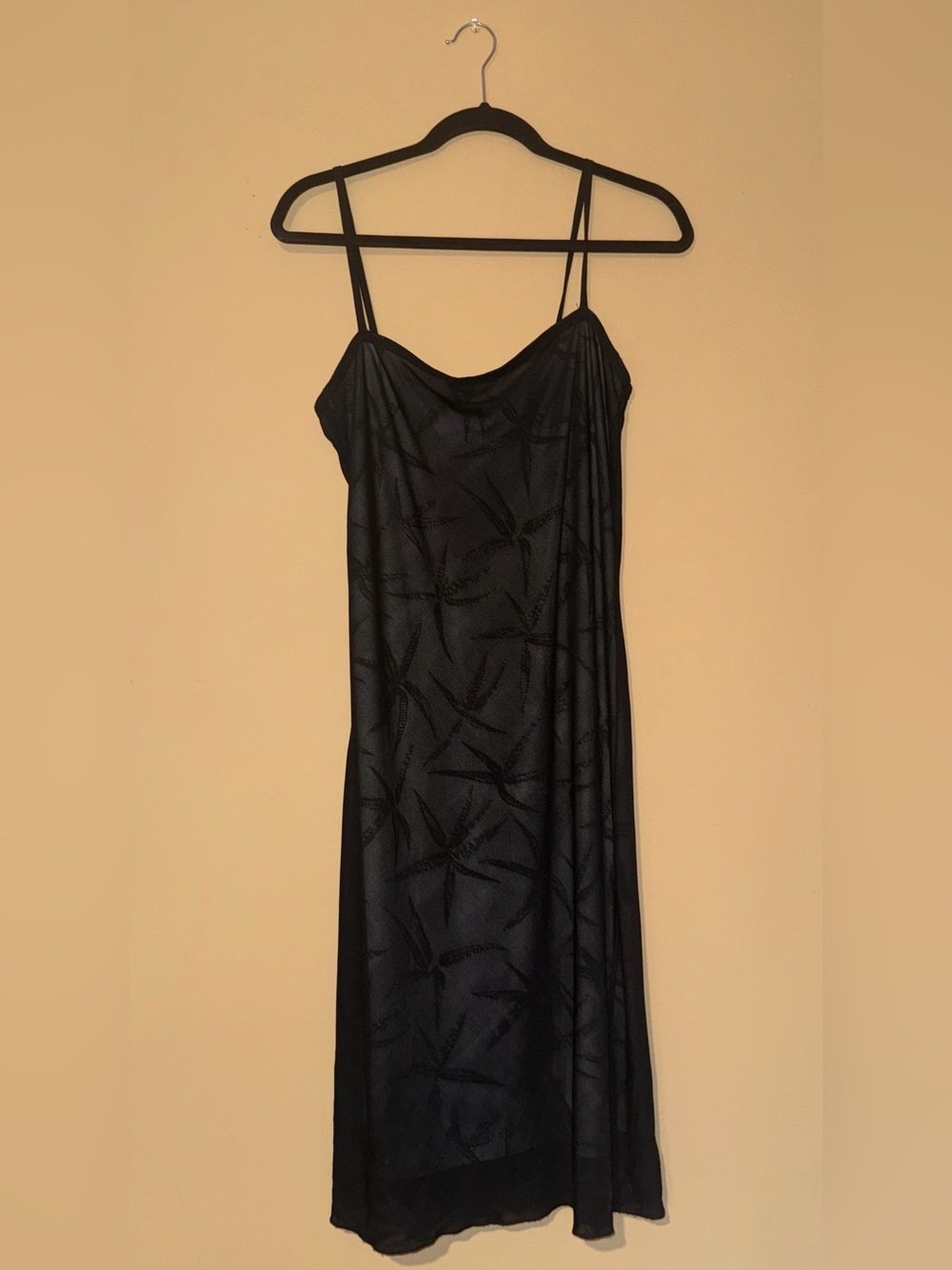 Poleci Black Sphagetti Strap Dress with Subtle Leaf Pattern